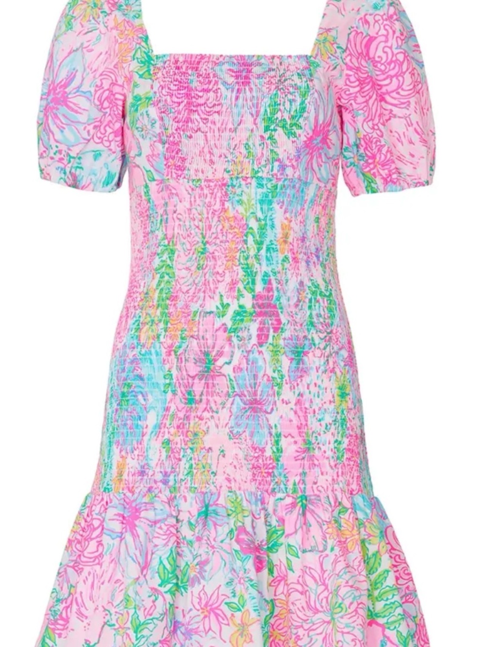 Lilly Pulitzer Pink Multi Floral Smocked Puff-Sleeve Mini - Picture 1 of 2